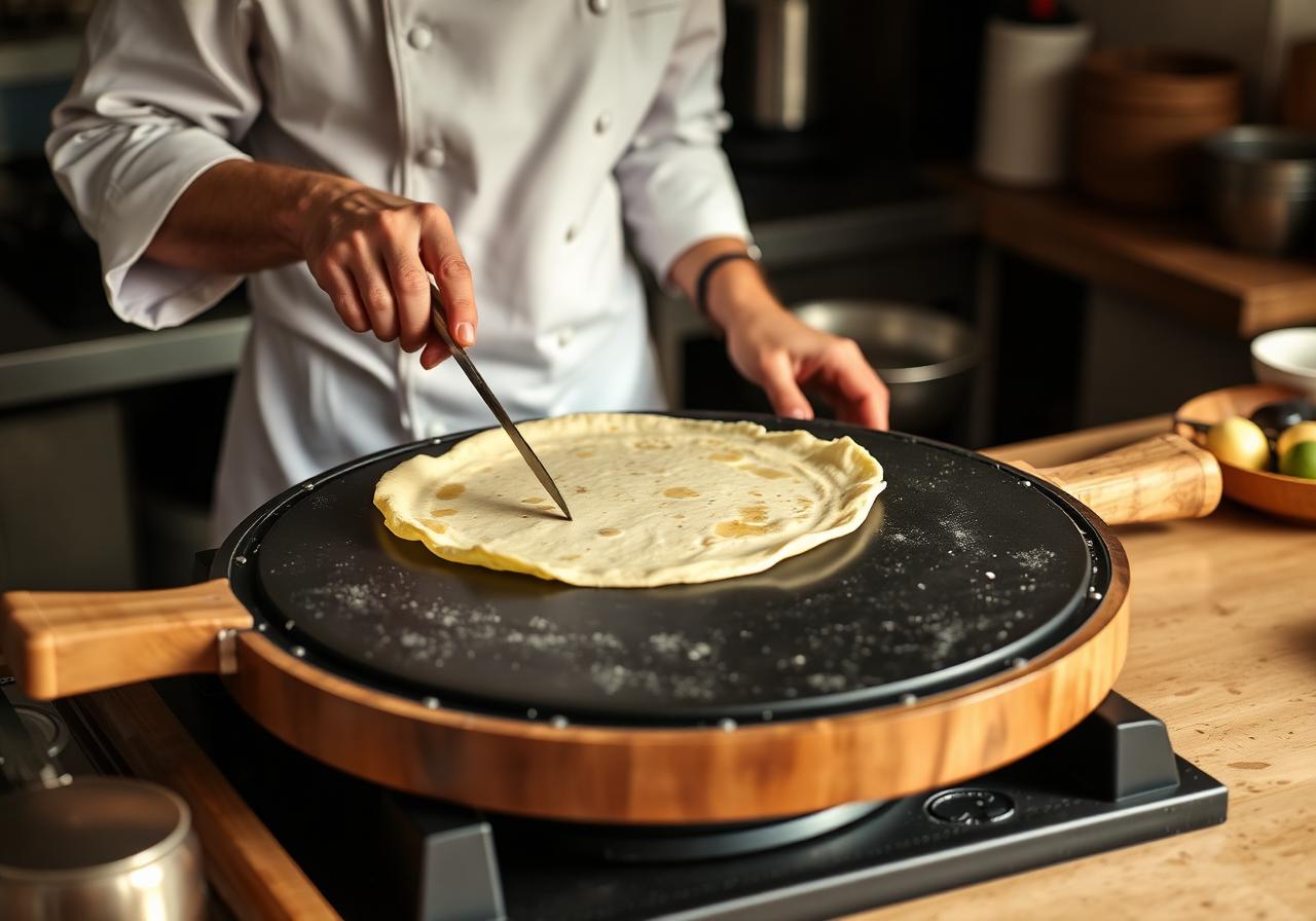 Crêpe bretonne en cours de cuisson sur le billig